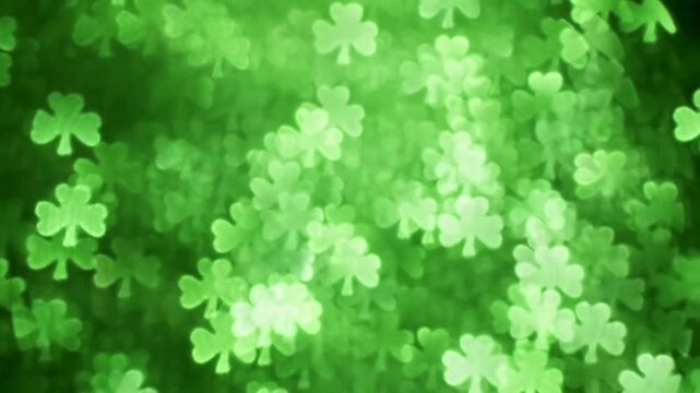 Soft glittering lights in the shape of a three leaf clover. Shining bokeh particles in a shamrock shape sparkling and glowing for a shimmering green St Patricks Day background. Seamless Loop.