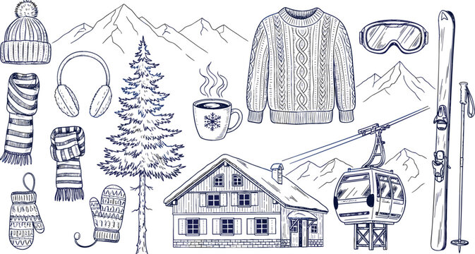 Winter mountain lifestyle vector illustration set with ski equipment, cable car, chalet, sweater, hot drink and cozy seasonal elements in hand drawn sketch style