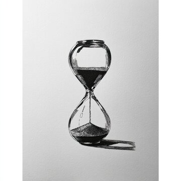 Detailed ink drawing of a classic hourglass with dark sand flowing