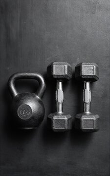 Black kettlebell and dumbbells on dark surface, minimalist gym equipment setup.