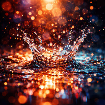 Close-up of water splash with bokeh effect and vibrant colors.