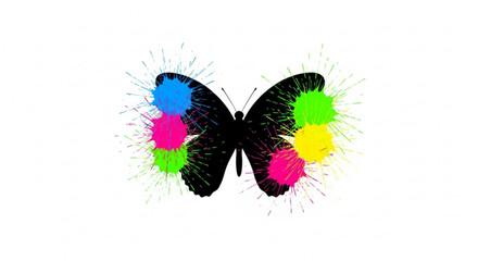 Colorful butterfly with vibrant paint splatters on wings black body white background creative art design element