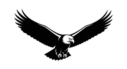 Fototapeta premium Black eagle silhouette flying with spread wings on white background symbolizing freedom and power