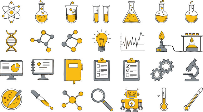 Science laboratory icons vector illustration set with chemistry, physics and biology symbols, research equipment, molecules and education elements for STEM, school and scientific design