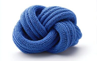 Intricately tied blue knitted cord forms a complex, spherical knot