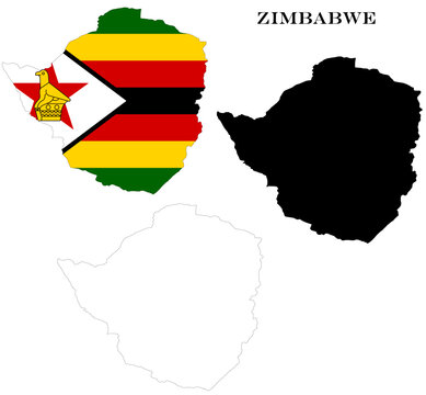 Zimbabwe Country Maps Bundle with National Flag, Black Silhouette and Detailed Outline Contours