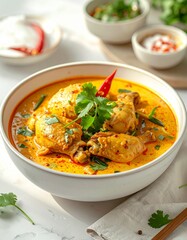 A bowl of vibrant yellow curry with chicken and garnished with fresh herbs and chili, served on a white table with condiments