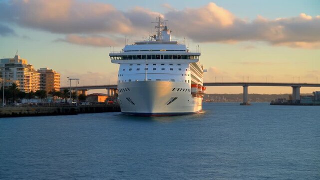 Large white cruise ship sailing into a harbor with a city skyline and bridge in the background at sunset
