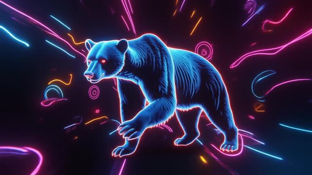 Neon-lit bear walks through futuristic space with vibrant neon lines and shapes