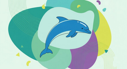 Obraz premium Vibrant blue dolphin swims through colorful abstract shapes and splashes