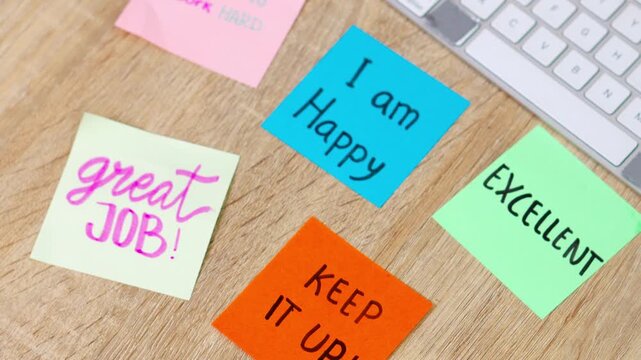 Handwritten inspirational quotes on bright sticky notes arranged on wooden workspace