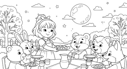 Fototapeta premium Cute Cartoon Children Enjoying Outdoor Picnic with Bears and Foxes