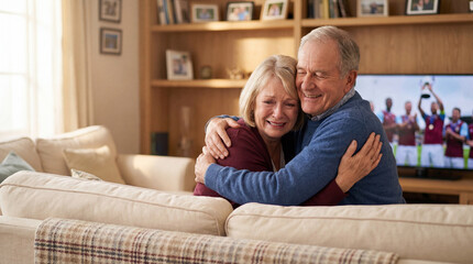 Obraz premium Senior couple celebrating sports championship victory hugging on sofa at home