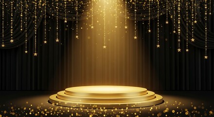 Glamorous event background showing a metallic gold podium surrounded by glowing star tinsel and dark theatrical curtains.