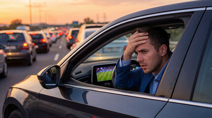 Stressed Male Professional Stuck in Highway Traffic Listening to Match