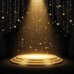 Golden circular podium under a bright spotlight with sparkling star ornaments and bokeh effects against dark velvet drapes.