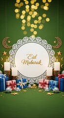 A luxurious Eid celebration graphic with gold accents, glowing pillar candles, and elegant gift boxes for the holy festival.