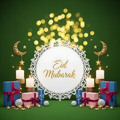 Traditional Islamic holiday aesthetic featuring crescent moon ornaments, lit candles, and colorful gift packages on a green surface.