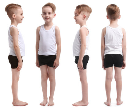 Little boy in underwear on white background. Collage with side, front and back views
