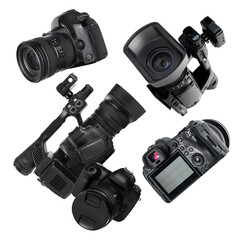 Photo and video cameras flying in air on white background