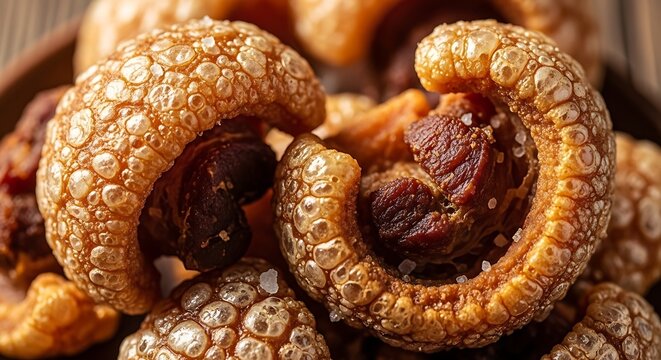 Crispy fried pork rinds are sprinkled with coarse sea salt. Brazilian food known as torresmo