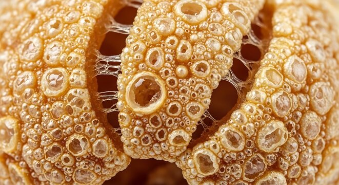The textured surface of a crispy fried golden brown snack. Brazilian food known as torresmo