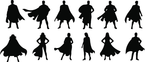 Superhero silhouettes set of male and female figures with flowing capes isolated on white background, powerful comic style vector illustration collection for fantasy design © Shoentesh