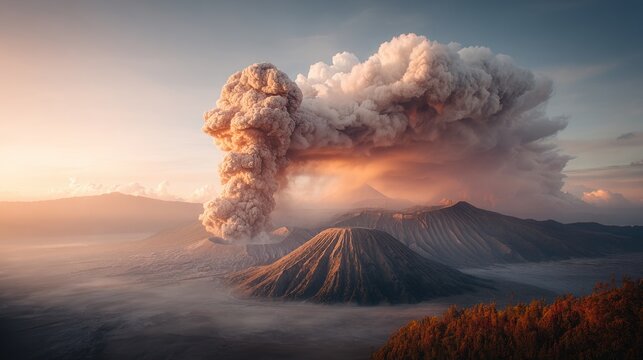 A breathtaking view of Mount Bromo erupting, with a large plume of smoke rising from the top of the mountain.