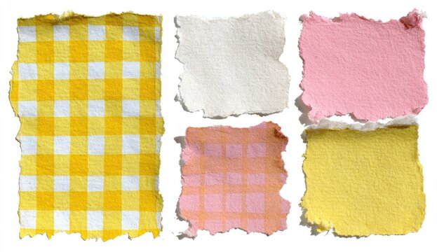 Five torn paper pieces one yellow plaid, cream, pink, orange plaid, and yellow