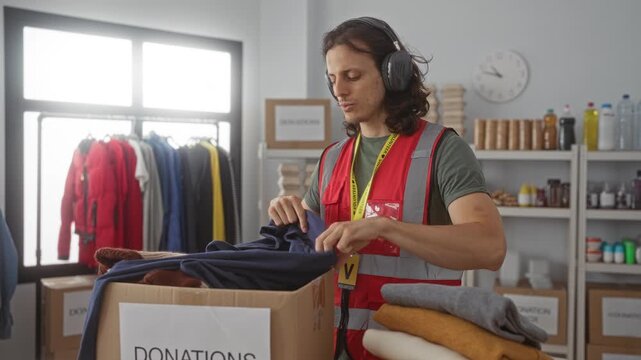 Man folding a sweater and sorting donations inside a donation center building while wearing a red safety vest; community service compassion.