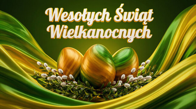 Świąteczne życzenia Wielkanocne z widocznymi symbolami Wielkanocnymi takimi jak pisanki i bukszpan.  Ilustracja utrzymana w tonacji zieleni złotego i ż&oacute;łtego koloru. 