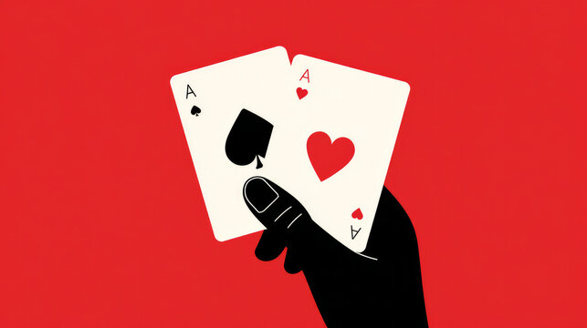 Minimalist Vector Illustration of Hand Holding Ace of Spades and Hearts Winning Cards