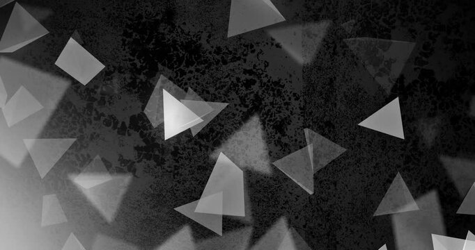 Swarm of muted triangles drifting inward rotating and overlapping after light sweep revealing depth