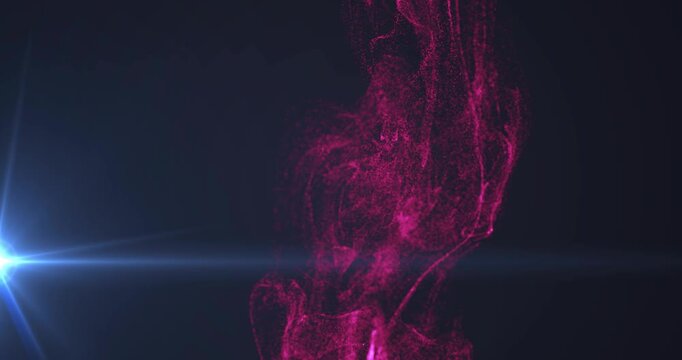 Magenta plume entering right, stretching down and diffusing into stable plume beside blue flare