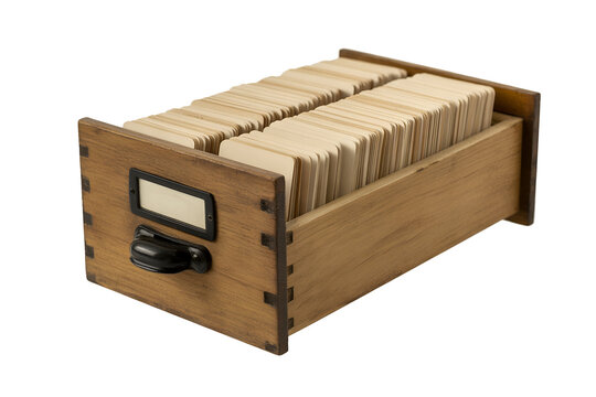 Vintage wooden card catalog box with labeled drawerisolated on transparent background