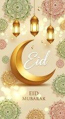 Luxurious Eid greeting card design with glowing lanterns, golden crescent moon, and teal mandalas on a bokeh light background.
