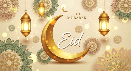 Festive Islamic celebration background with glowing lanterns, a shimmering crescent moon, and decorative mandala patterns in soft cream.