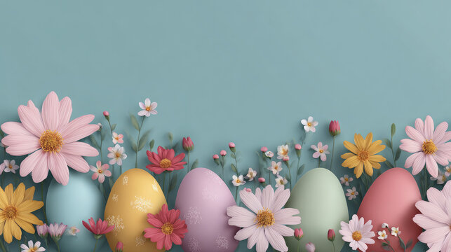 Holiday banners and invitations with a border illustration of pastel Easter eggs and spring flowers