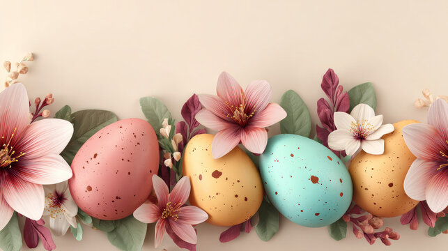 Holiday banners and invitations with a border illustration of pastel Easter eggs and spring flowers