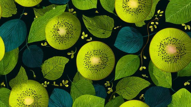 Seamless Kiwi Fruit Pattern with Outline Leaves Tropical Summer Vector Design