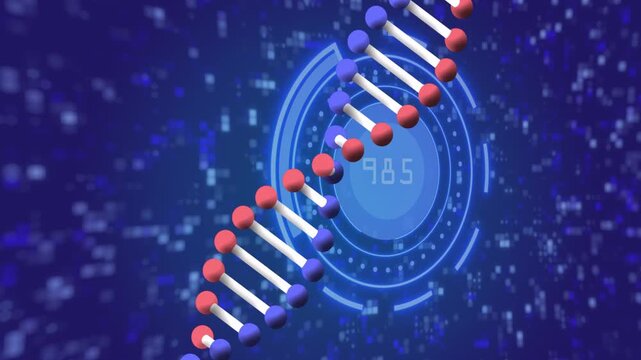 Red sphere floating to cyan HUD center, DNA helix emerging, rotating into black disc for display