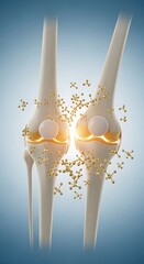 Ivory human knee bones featuring glowing joint spaces surrounded by metallic gold molecules over a soft blue background.