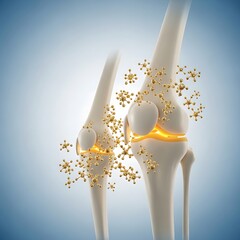 Professional anatomical rendering of knees showing molecular treatment for joint health and arthritis relief with golden particle accents.