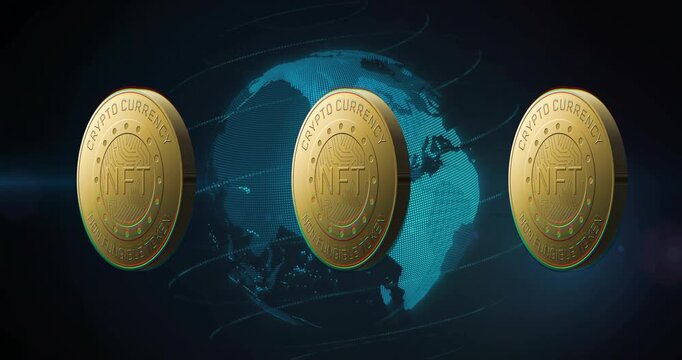 Reel autoplaying, gold NFT coins rotating, camera panning and globe glowing, promoting crypto in 3D