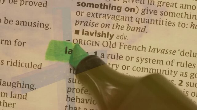 Green chisel marker entering lower right, touching margin, rotating and drawing band annotating law