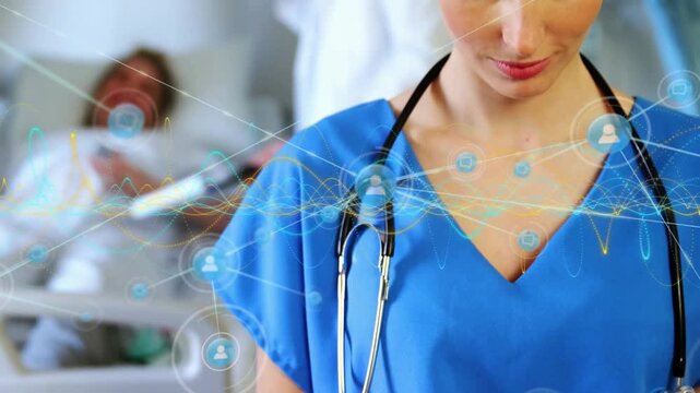 Nurse bringing tablet, tapping while reviewing medical data, overlay animating icons around tablet