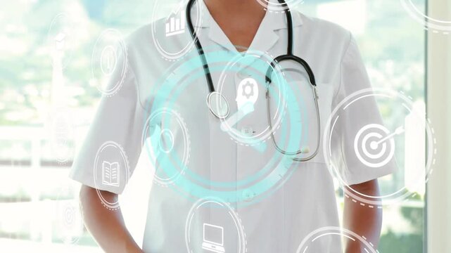 Woman MD lowering hands showing stethoscope as icons appearing over chest camera rising for medtech