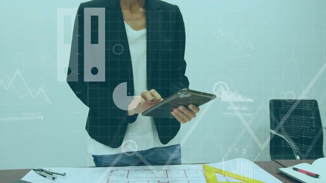 Woman tapping tablet near plan, causing cloud and charts, growing pie chart, reviewing design