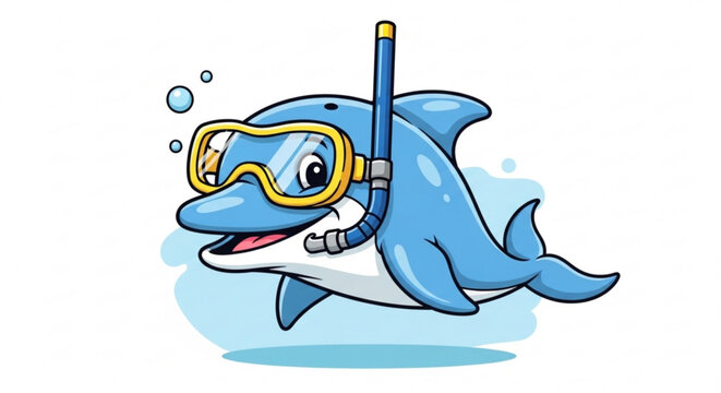Smiling cartoon dolphin wearing yellow scuba diving goggles and snorkel swimming underwater with bubbles