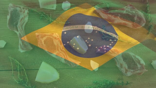 Translucent Brazil flag overlay appearing centered, rippling and folding over board to show origin